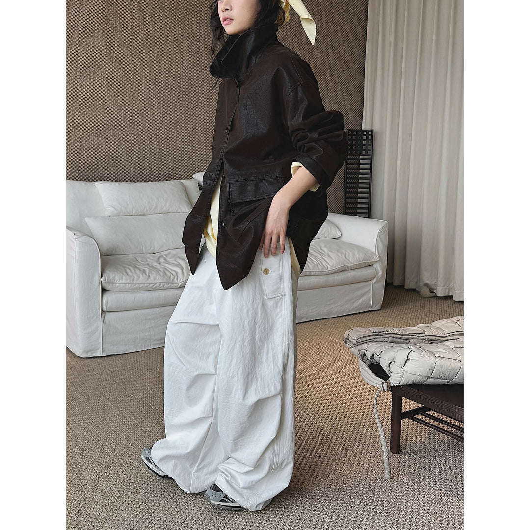 Damen Oversize Kunstleder-Hemdjacke mit breitem Kragen und Pattentaschen Nord Taschen