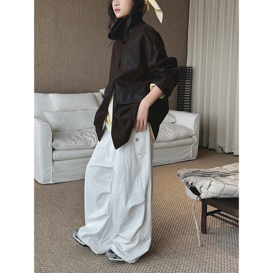 Damen Oversize Kunstleder-Hemdjacke mit breitem Kragen und Pattentaschen Nord Taschen