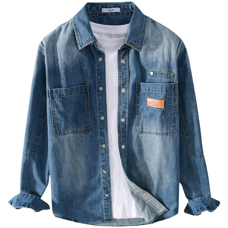 Herren Vintage-Jeanshemdjacke im Overshirt-Look mit Druckknöpfen und Kontrastnähten Nord Taschen