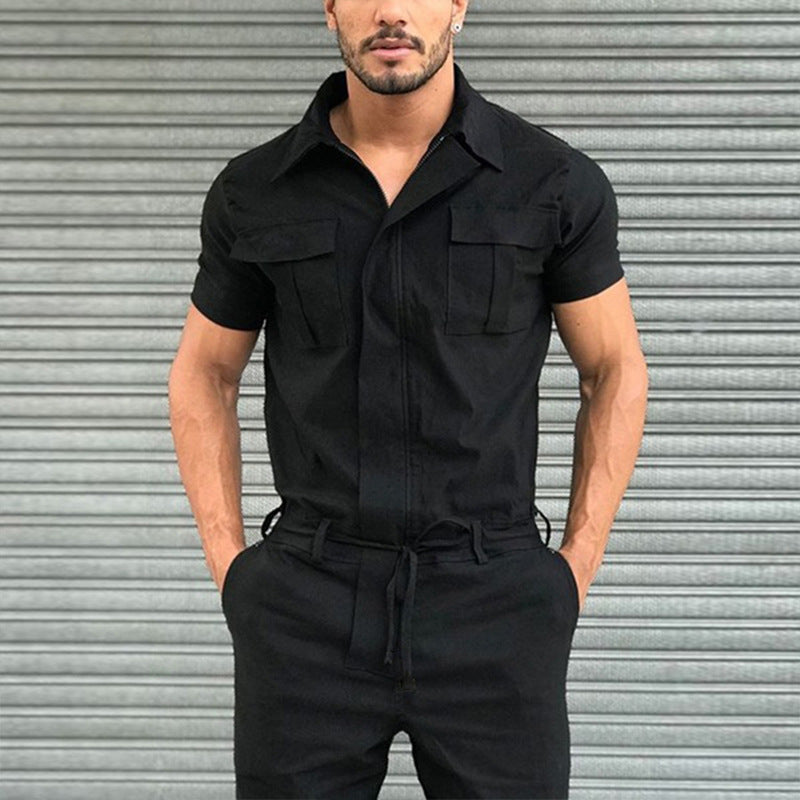Herren nan Kurzarm-Arbeits-Overall mit Taillengürtel und Brusttaschen