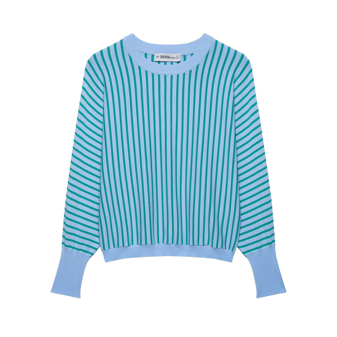 Damen Gestreifter Cropped Feinstrickpullover mit verlängerten Bündchen Nord Taschen