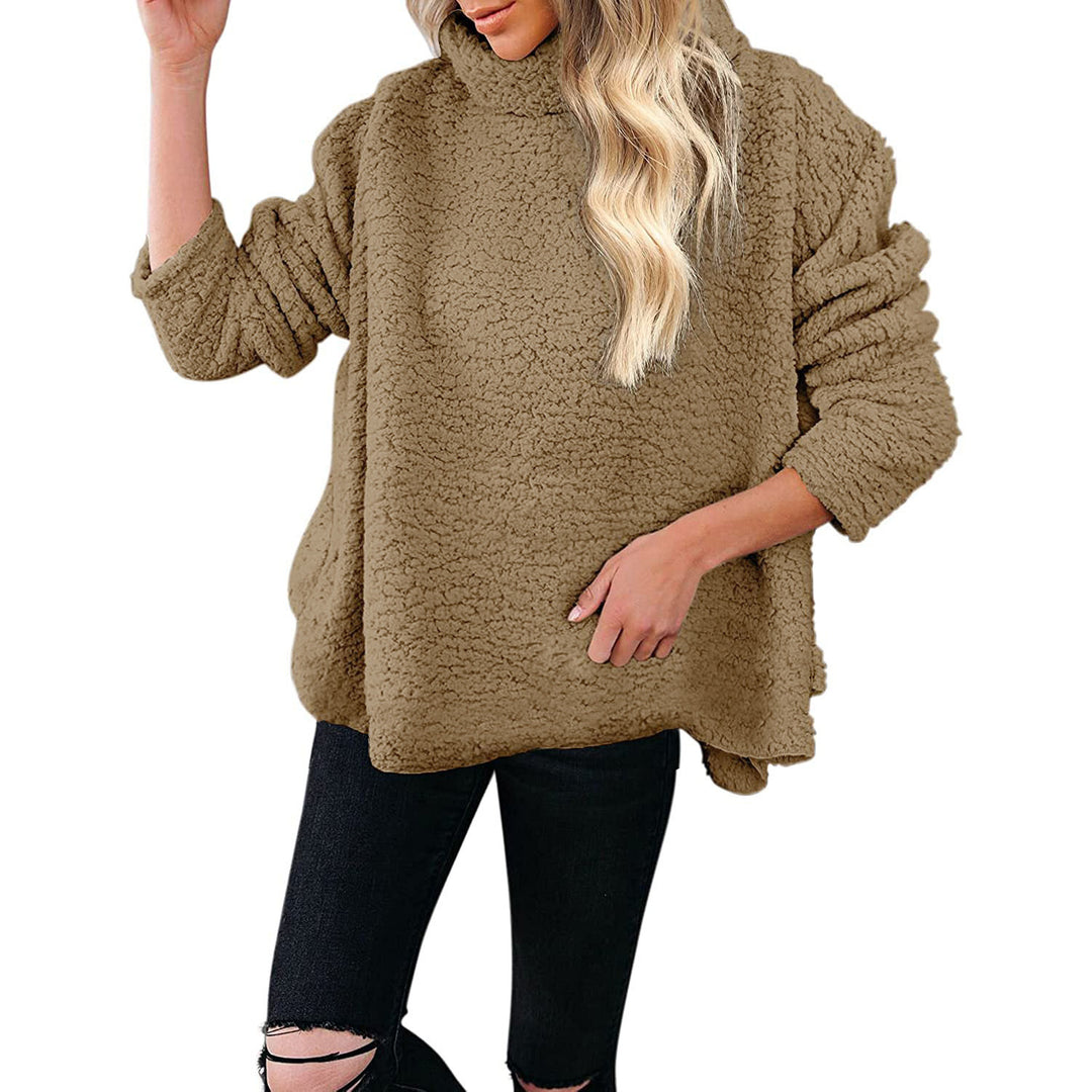Damen Kuscheliger Oversize‑Teddy‑Pullover mit Stehkragen und gerundetem Saum Nord Taschen