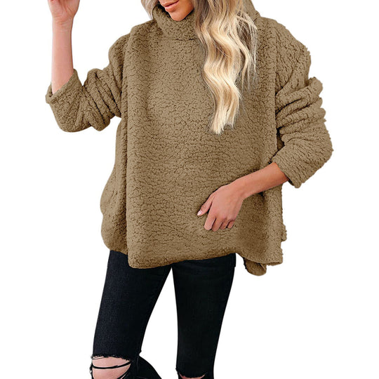 Damen Kuscheliger Oversize‑Teddy‑Pullover mit Stehkragen und gerundetem Saum Nord Taschen