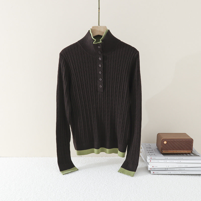 Damen Feinstrick-Polo-Pullover mit Rippstruktur, Stehkragen und Knopfleiste Nord Taschen