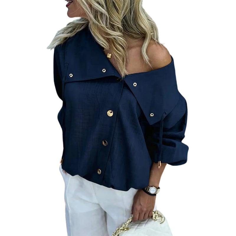 Damen Oversize Off-Shoulder Leinenbluse mit asymmetrischem Kragen und Zierknopfleiste Nord Taschen