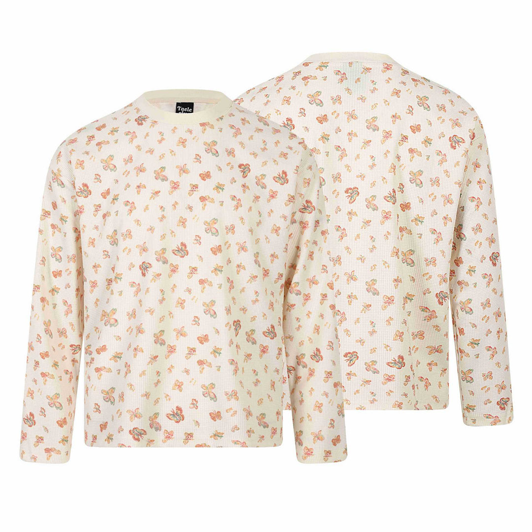 Damen Waffelstrick-Langarmshirt mit Allover-Schmetterlingsprint und Rundhals Nord Taschen