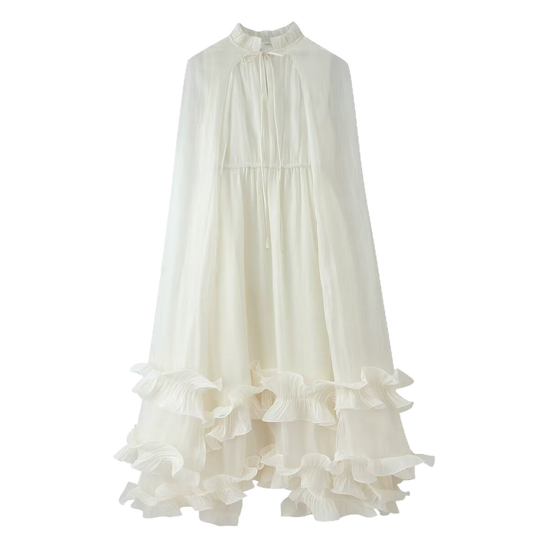 Damen Maxikleid mit Volant‑Cape, mehrlagigem Stufenrock und Stehkragen Nord Taschen