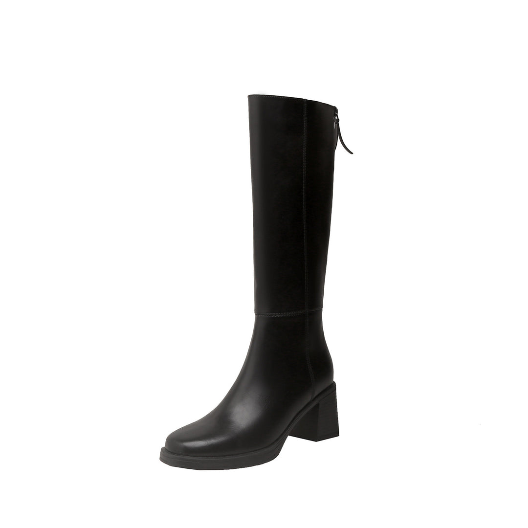 Damen Kniehohe Glattleder-Stiefel mit skulpturalem Blockabsatz und Rückenreißverschluss Nord Taschen