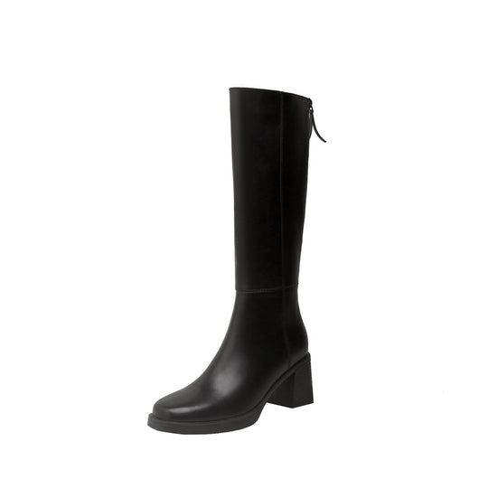 Damen Kniehohe Glattleder-Stiefel mit skulpturalem Blockabsatz und Rückenreißverschluss Nord Taschen