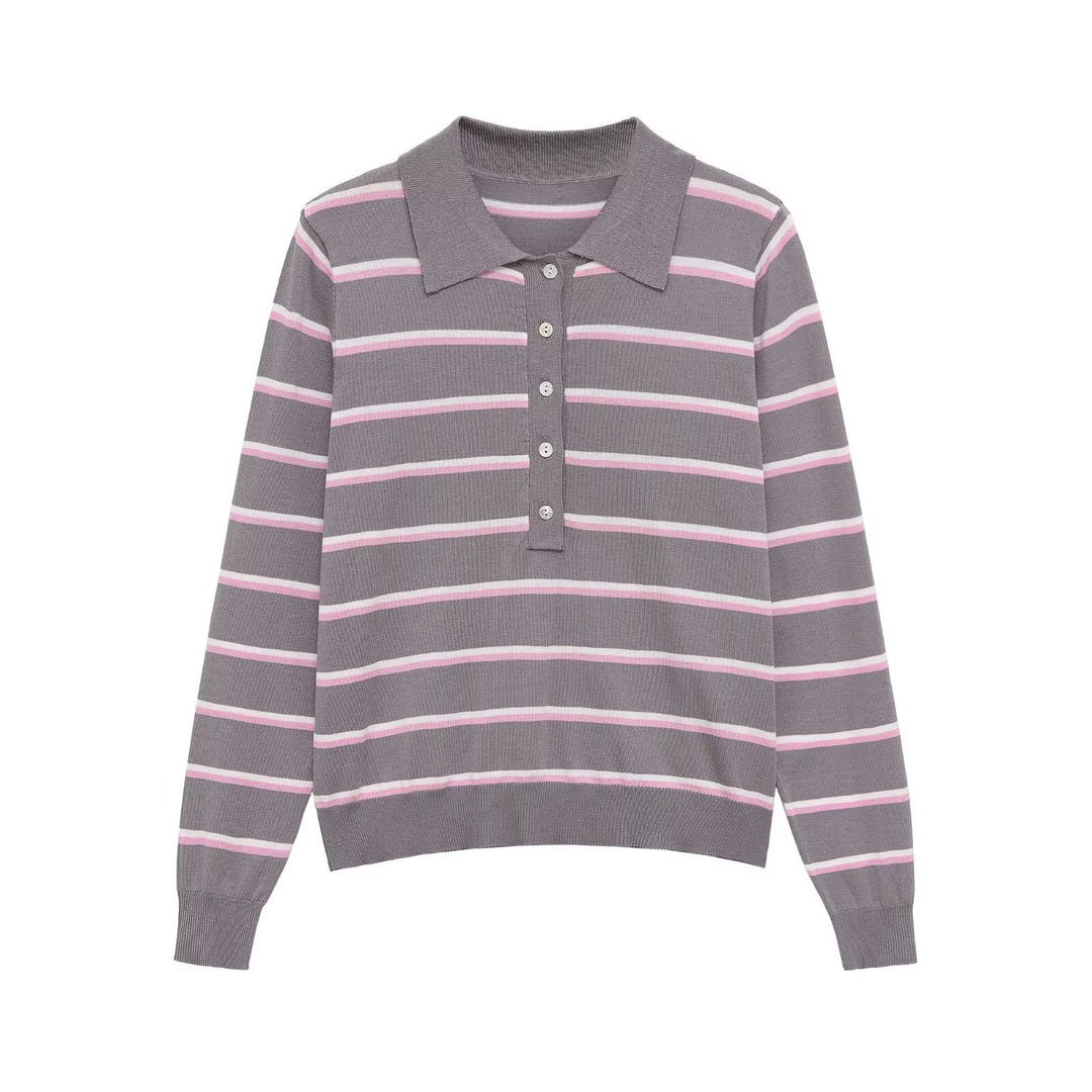 Damen Gestreifter Feinstrick-Polo-Pullover mit Knopfleiste und Rippbündchen Nord Taschen