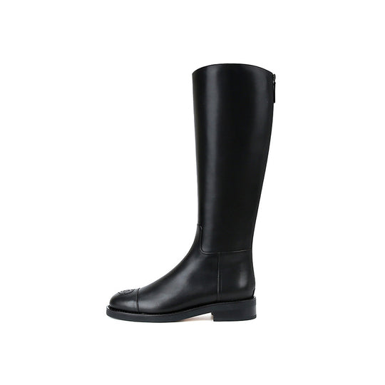 Damen Kniehohe Reitstiefel aus Glattleder mit geprägter Blumen-Zehenkappe Nord Taschen