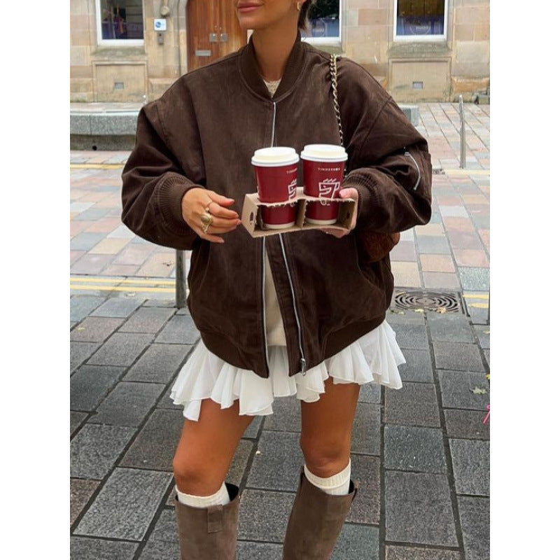 Damen Oversize-Suede-Bomberjacke mit Reißverschluss & gerippten Bündchen Nord Taschen