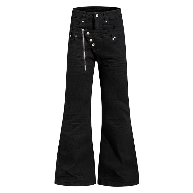 Damen Weite Schlaghose aus Denim mit asymmetrischem Reißverschluss und Knopfverschluss Nord Taschen