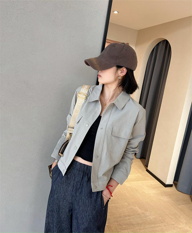 Damen Kurze Overshirt-Jacke aus strukturiertem Canvas mit Brusttaschen Nord Taschen