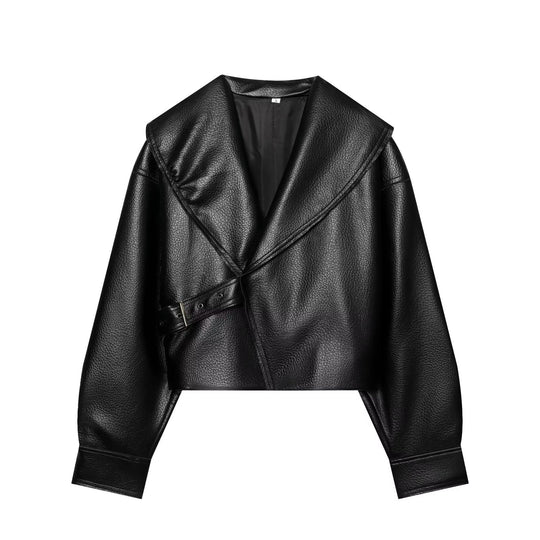 Damen Kurzjacke in Lederoptik mit großem Schalkragen, Wickelgürtel und strukturierter Oberfläche Nord Taschen