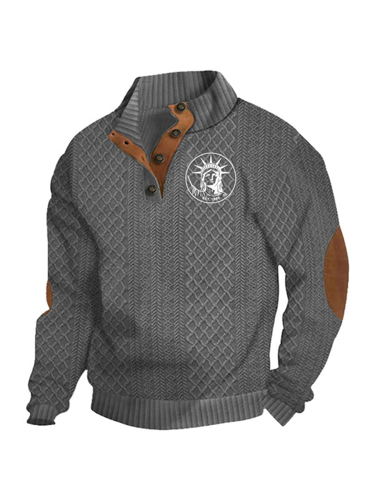 Herren nan Heritage-Strukturpullover mit Stehkragen Lederimitat-Besatz Ellenbogen-Patches und Halbknopfleiste