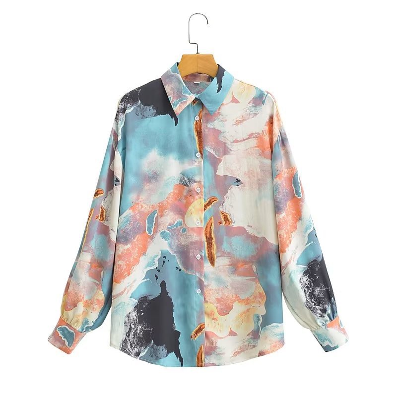Damen Seidenoptik-Hemdbluse mit abstraktem Print und Oversize-Schnitt Nord Taschen