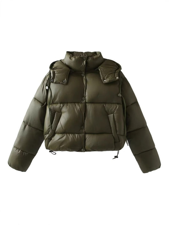 Damen Glänzende Cropped Pufferjacke mit Kordelzug und Druckknopfblende Nord Taschen