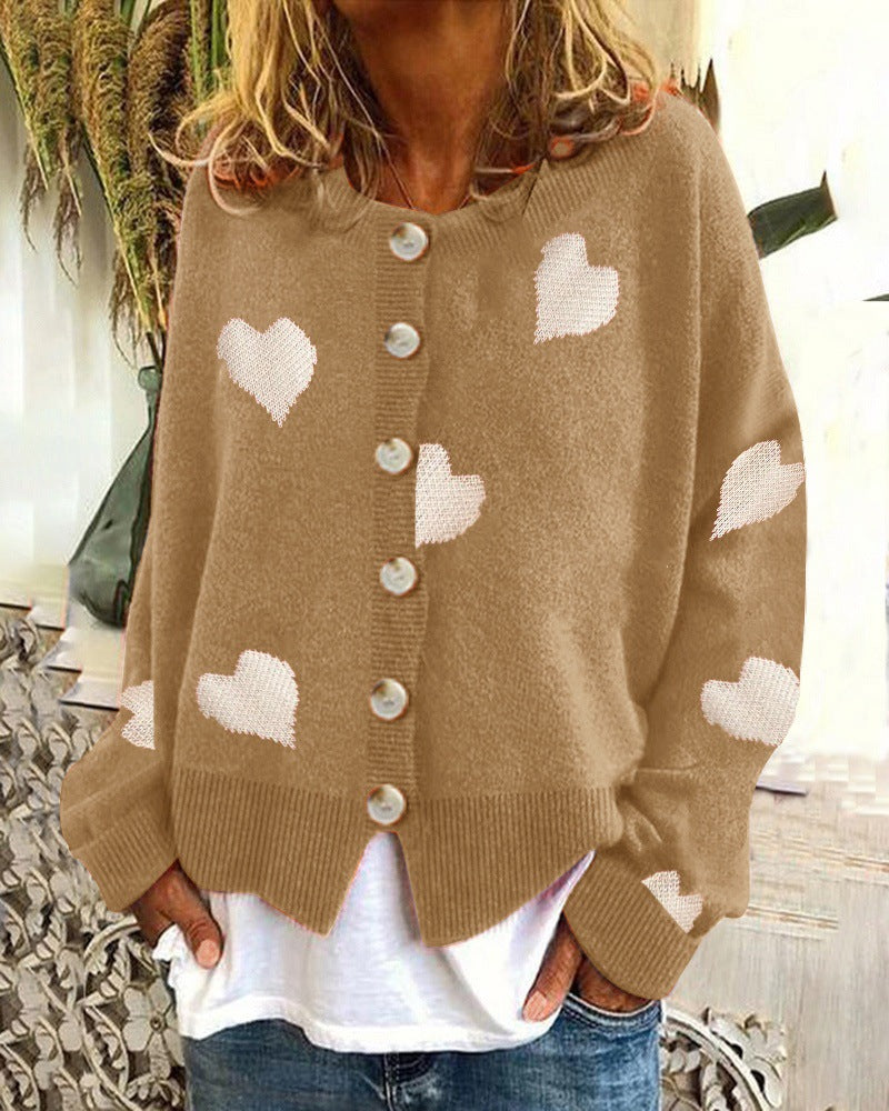 Damen Geknöpfter Oversize-Strickcardigan mit Herz-Jacquard und Perlmuttknöpfen Nord Taschen