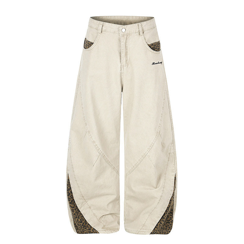 Damen Weite High‑Waist Palazzo-Jeanshose mit Leopardeinsätzen und Eingrifftaschen Nord Taschen