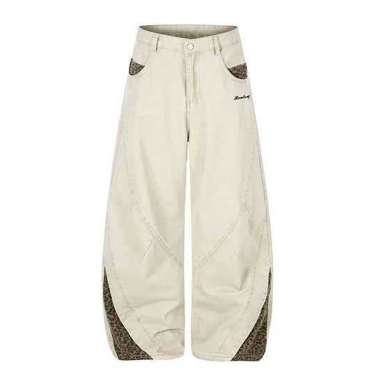 Damen Weite High‑Waist Palazzo-Jeanshose mit Leopardeinsätzen und Eingrifftaschen Nord Taschen