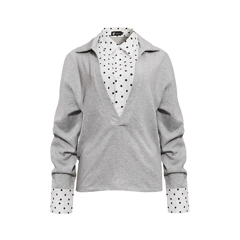 Damen Lagen-Langarmshirt mit tiefem V-Ausschnitt, angenähter Hemdblende und Polka-Dot-Details Nord Taschen