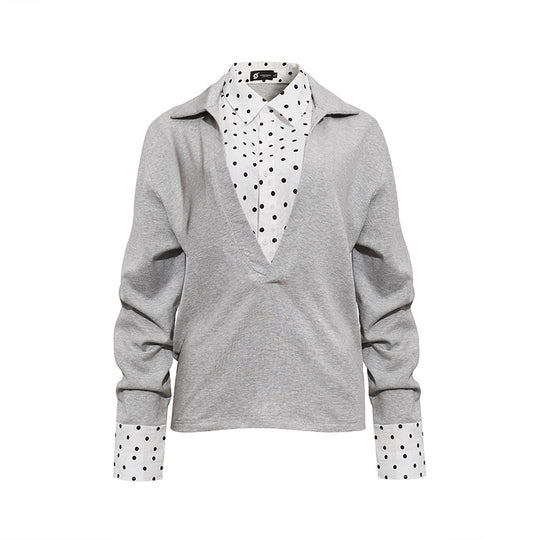 Damen Lagen-Langarmshirt mit tiefem V-Ausschnitt, angenähter Hemdblende und Polka-Dot-Details Nord Taschen