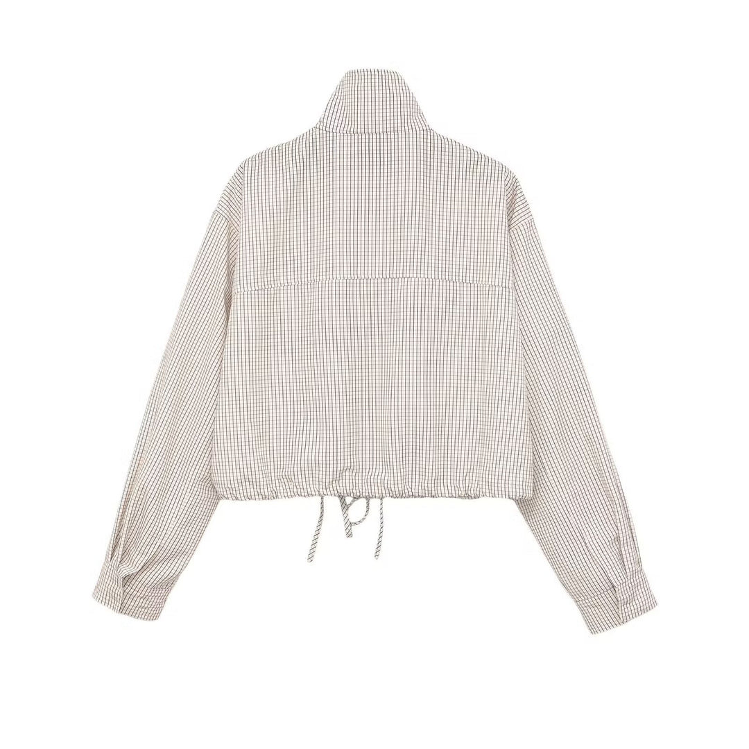 Damen Karierte Cropped-Jacke mit Stehkragen, Tunnelzug und verdecktem Reißverschluss Nord Taschen
