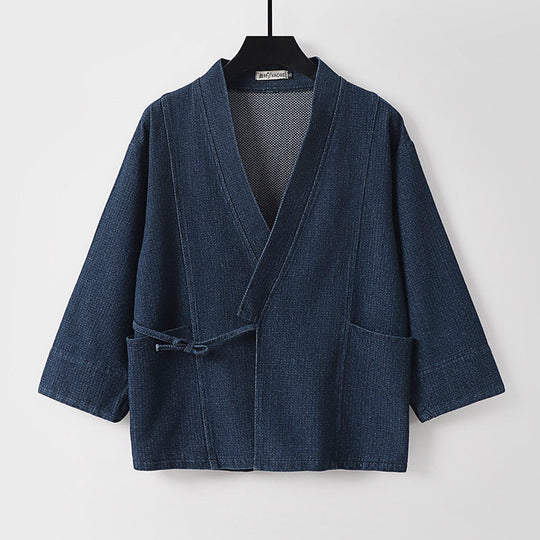 Unisex Jeans-Kimono-Jacke mit Bindegürtel und aufgesetzten Taschen Nord Taschen