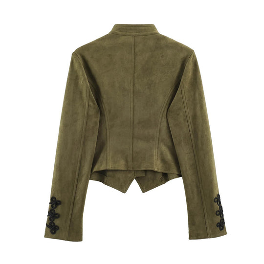 Damen Taillierte Cropped Militärjacke aus Wildlederimitat mit Stehkragen und dekorativen Zierkordeln Nord Taschen