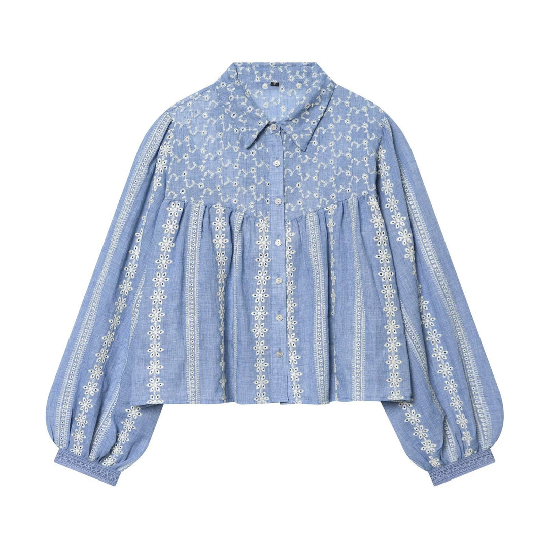 Damen Bestickte Oversize-Hemdbluse mit Ballonärmeln Nord Taschen