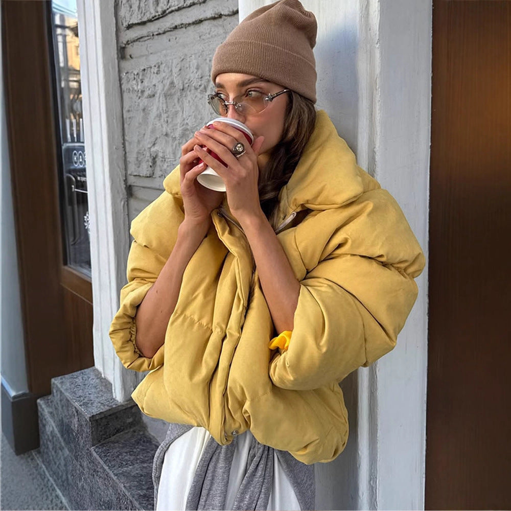 Damen Kurze wattierte Cropped-Pufferjacke mit voluminösen Ballonärmeln Nord Taschen