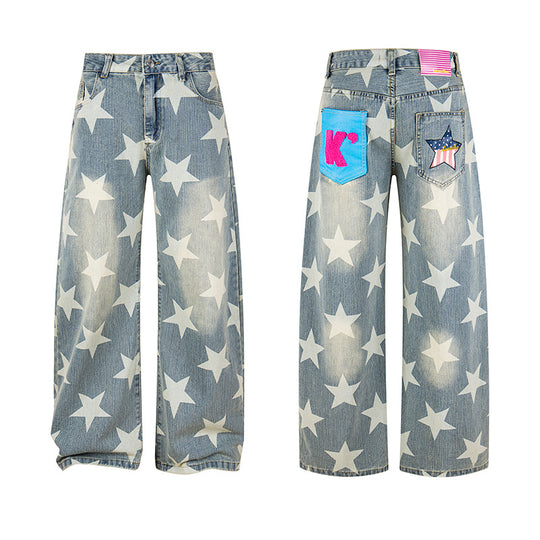 Damen Weite Hochbund-Culotte-Jeans mit hoher Taille und Allover-Sterneprint Nord Taschen