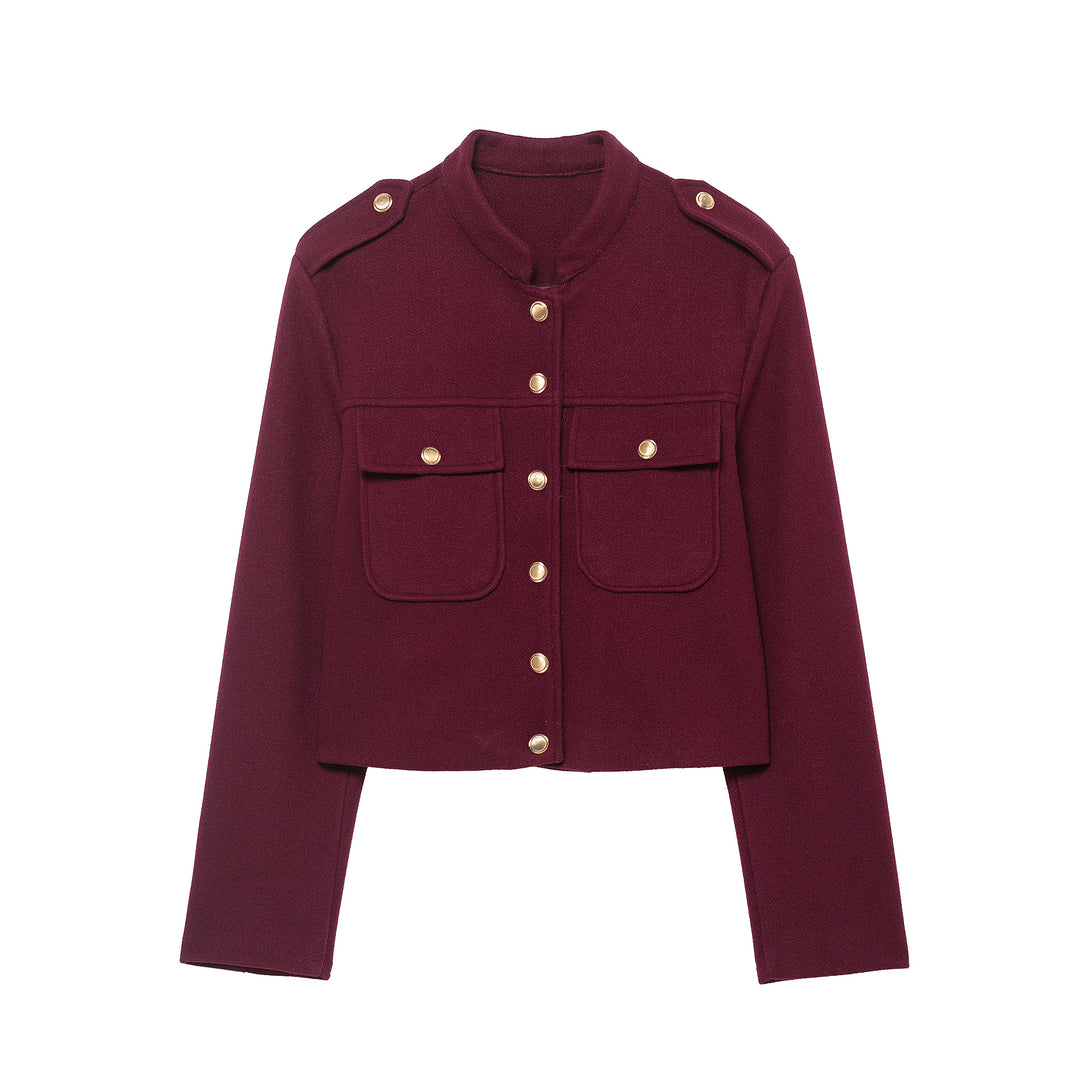 Damen Kurz geschnittene Militärinspirierte Wolljacke mit Stehkragen, Schulterklappen und goldknopf-Details Nord Taschen