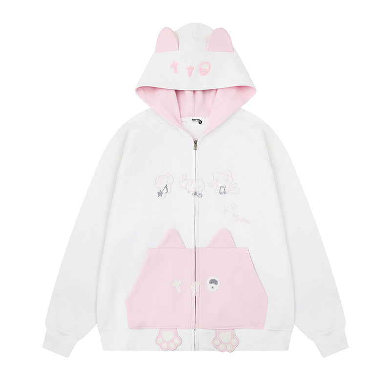 Damen Kapuzen-Sweatjacke mit Ohren, durchgehendem Reißverschluss, Kängurutasche mit Pfoten‑Applikation und verspielten Stickereien Nord Taschen