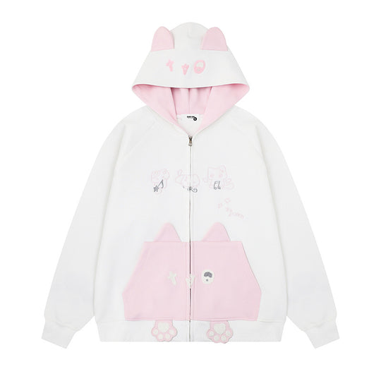 Damen Kapuzen-Sweatjacke mit Ohren, durchgehendem Reißverschluss, Kängurutasche mit Pfoten‑Applikation und verspielten Stickereien Nord Taschen