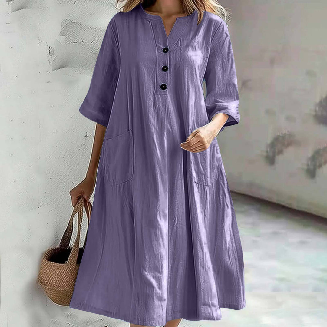 Damen lässiges Leinenkleid mit praktischen Taschen und Knopfdetails