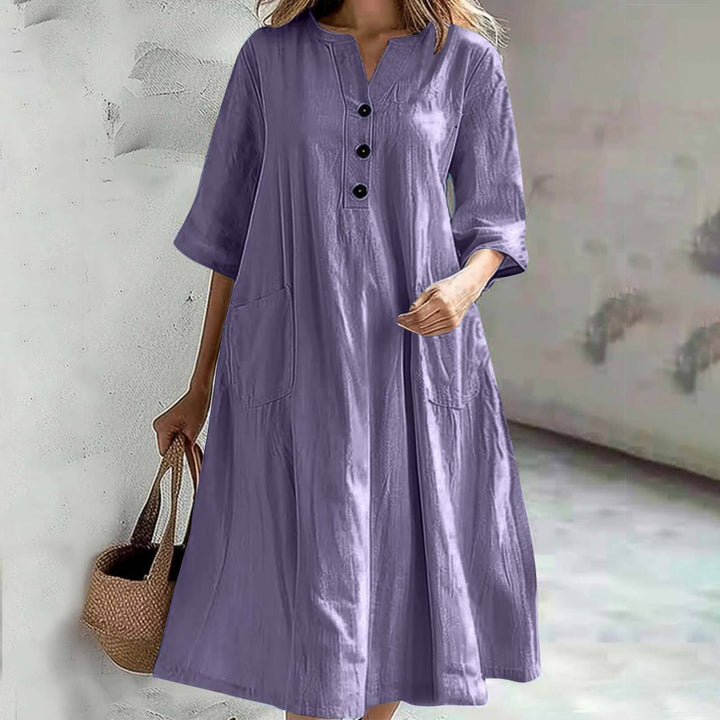 Damen lässiges Leinenkleid mit praktischen Taschen und Knopfdetails