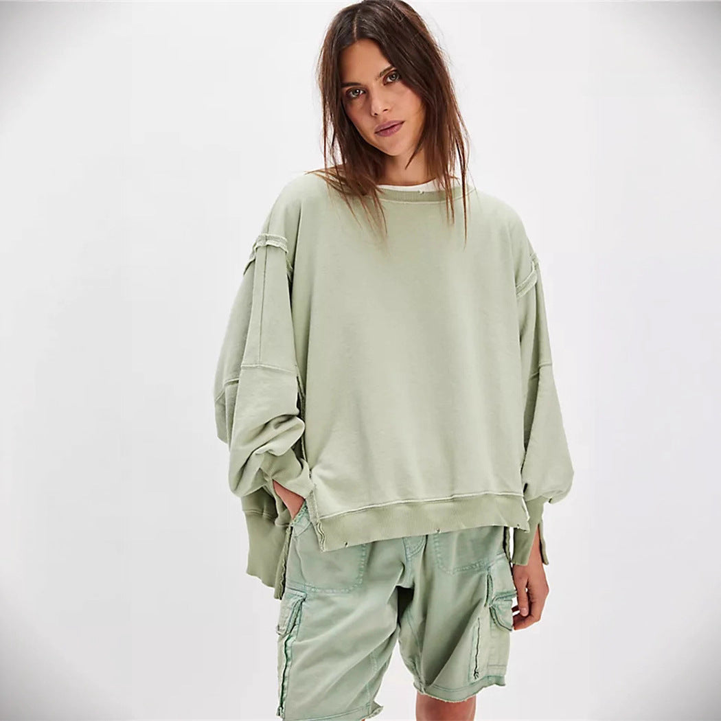 Damen oversized Sweatshirt mit Ballonärmeln, offenen Saumnähten und seitlichen Schlitzen Vittorelli