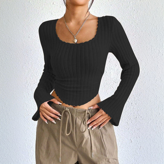 Damen geripptes Crop-Top mit quadratischem Ausschnitt, gewelltem Saum und ausgestellten Ärmeln Nord Taschen