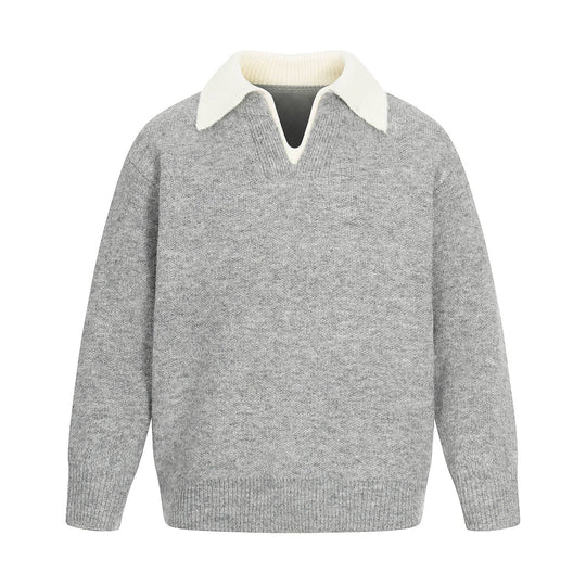 Damen Oversize Wollmix-Pullover mit kontrastpolokragen und V‑Ausschnitt Nord Taschen