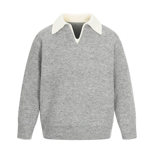 Damen Oversize Wollmix-Pullover mit kontrastpolokragen und V‑Ausschnitt Nord Taschen