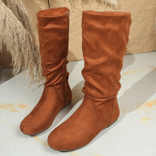 Damen Kniehohe Slouch-Stiefel aus Veloursimitat mit Innenseiten-Reißverschluss und flacher Komfortsohle Nord Taschen