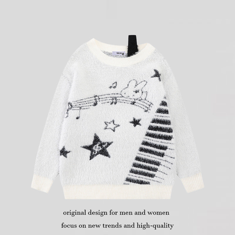 Damen Kuscheliger Strickpullover mit Cartoon-Noten- und Sternmotiv Nord Taschen