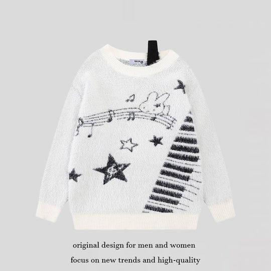 Damen Kuscheliger Strickpullover mit Cartoon-Noten- und Sternmotiv Nord Taschen