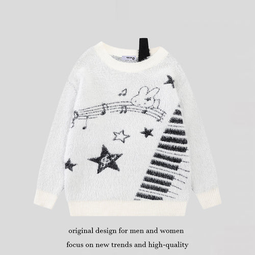 Damen Kuscheliger Strickpullover mit Cartoon-Noten- und Sternmotiv Nord Taschen