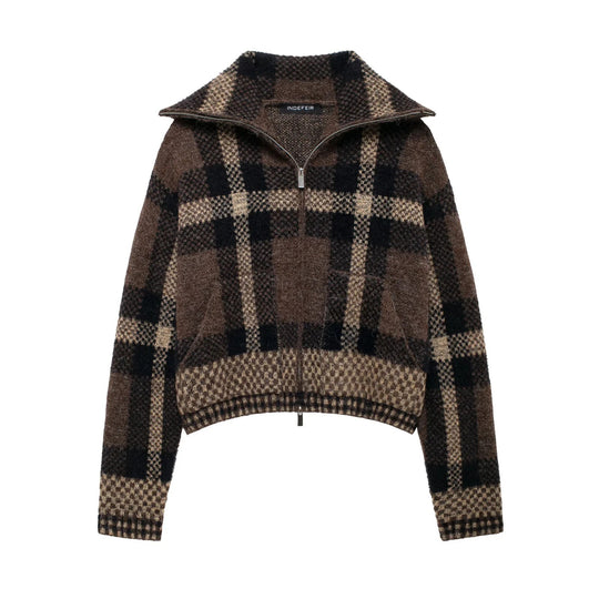Damen 70+ kurzer kariert melierter Strickpullover mit halbem Reißverschlusskragen Nord Taschen
