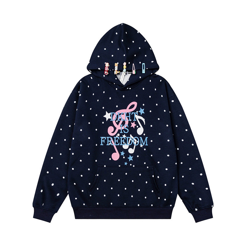 Damen Kapuzenpullover mit Polka-Dot, musikalischem Notenprint und Kängurutasche Nord Taschen