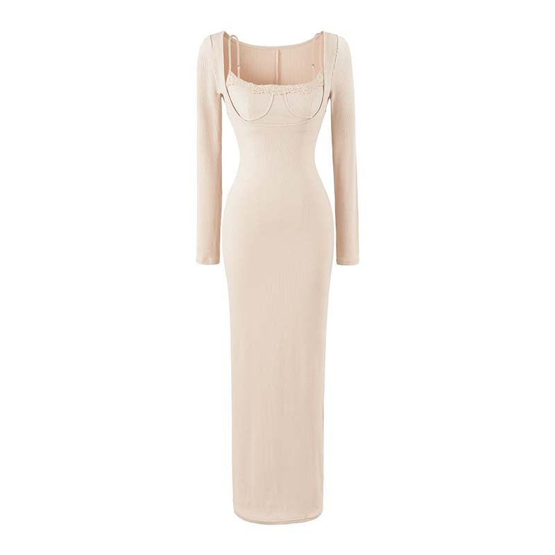 Damen Figurbetontes Maxi-Kleid mit Korsett-Detail, Rippstrick und langen Ärmeln Nord Taschen