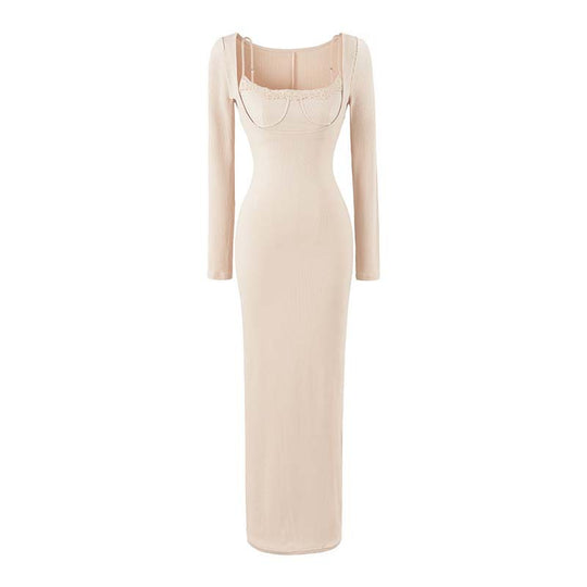 Damen Figurbetontes Maxi-Kleid mit Korsett-Detail, Rippstrick und langen Ärmeln Nord Taschen
